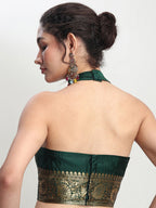Janasya Dark Green Silk Blend Floral Jacquard Saree | Grocsy