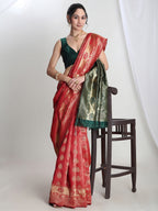 Janasya Red Silk Blend Ethnic Motifs Jacquard Saree | Grocsy