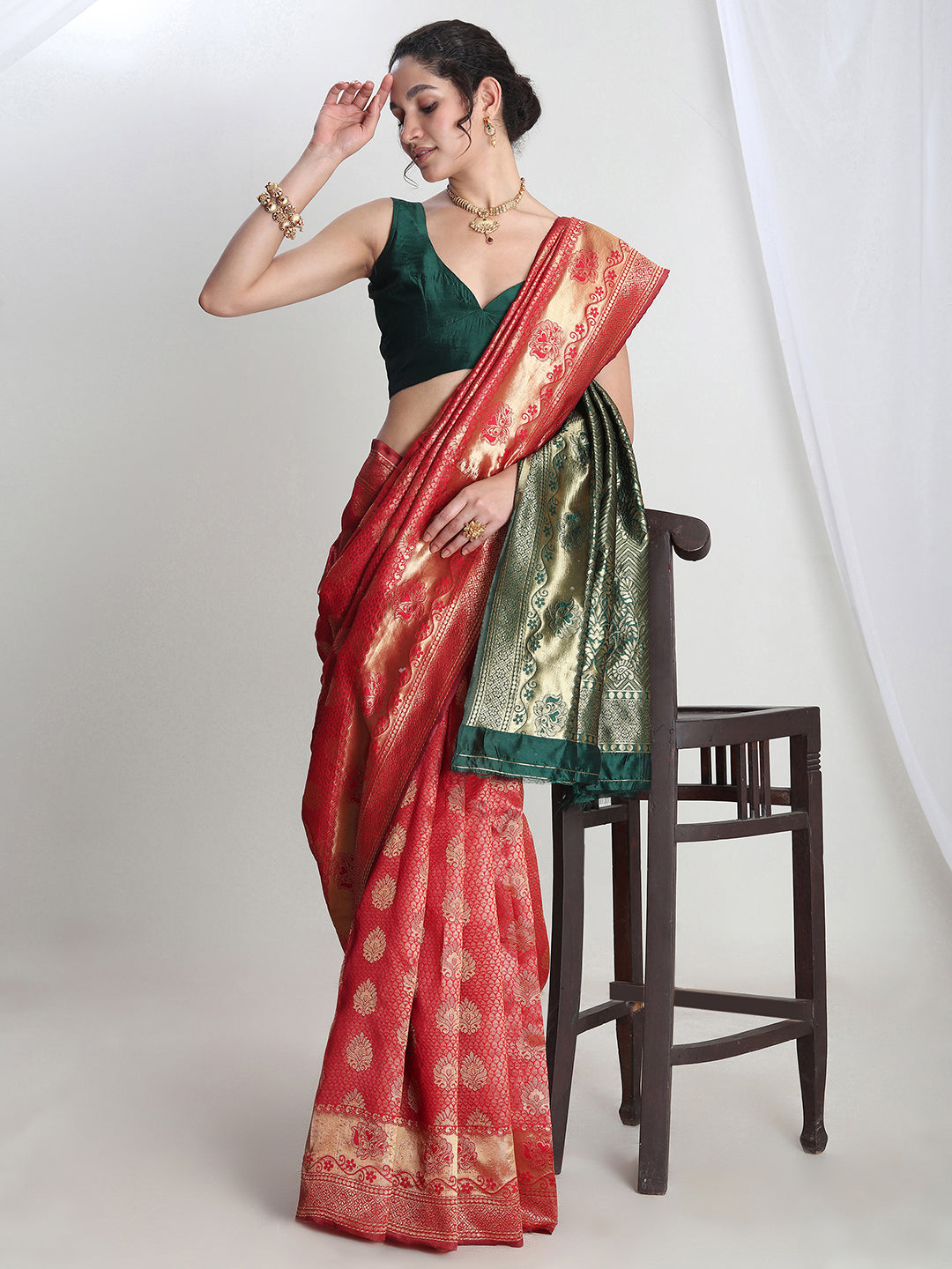 Janasya Red Silk Blend Ethnic Motifs Jacquard Saree | Grocsy