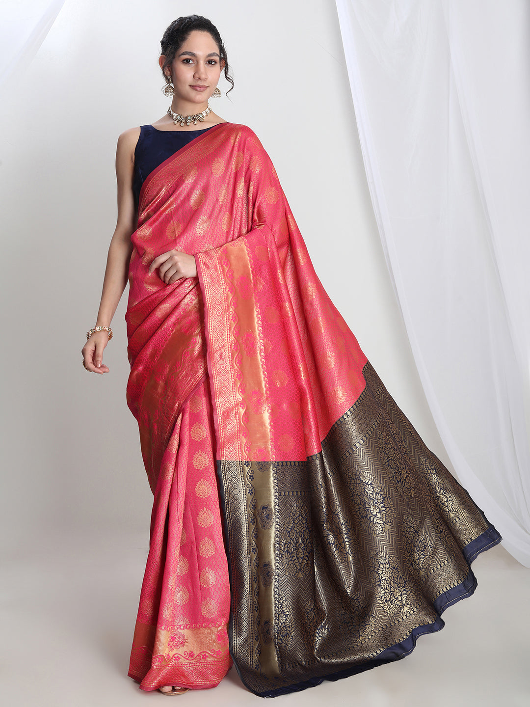 Janasya Pink Silk Blend Ethnic Motifs Jacquard Saree | Grocsy