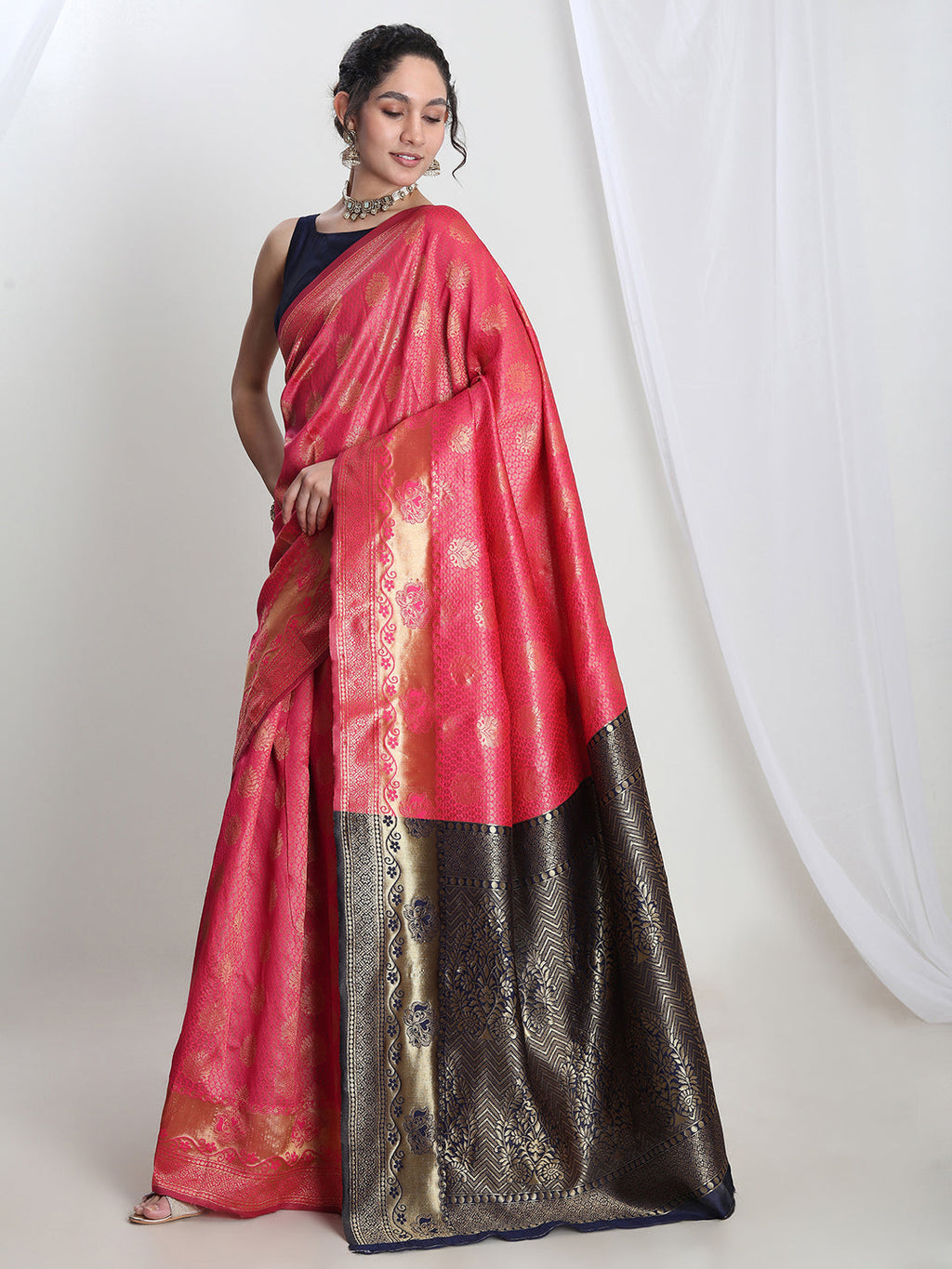 Janasya Pink Silk Blend Ethnic Motifs Jacquard Saree | Grocsy