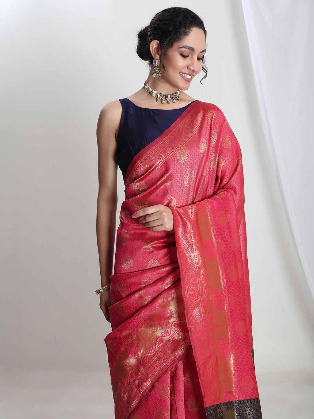 Janasya Pink Silk Blend Ethnic Motifs Jacquard Saree | Grocsy