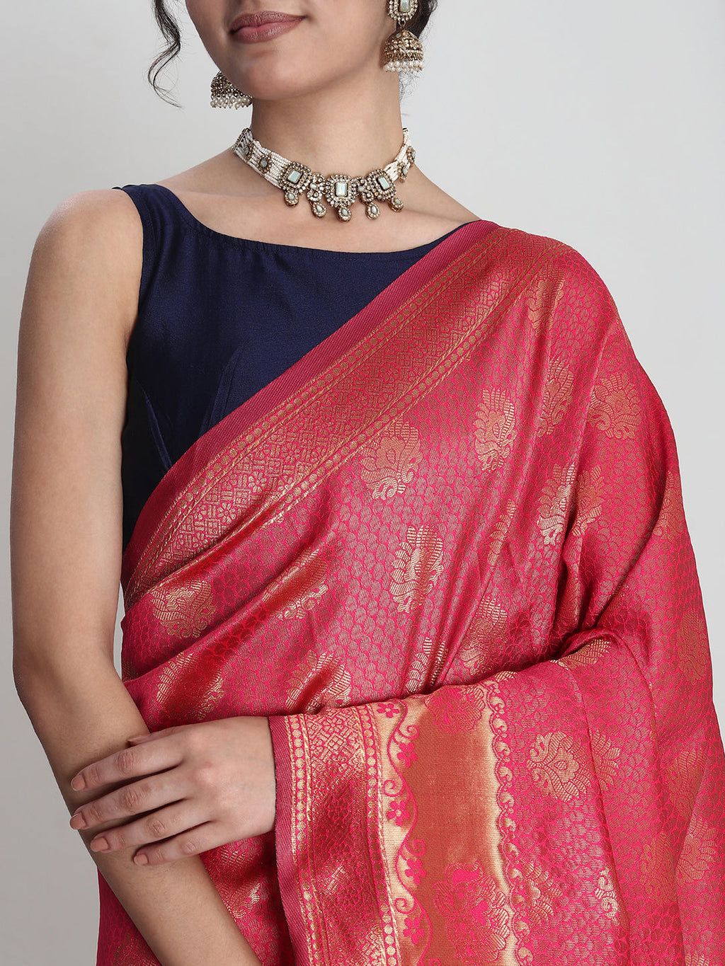 Janasya Pink Silk Blend Ethnic Motifs Jacquard Saree | Grocsy