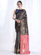 Janasya Navy Blue Silk Blend Ethnic Motifs Jacquard Saree | Grocsy