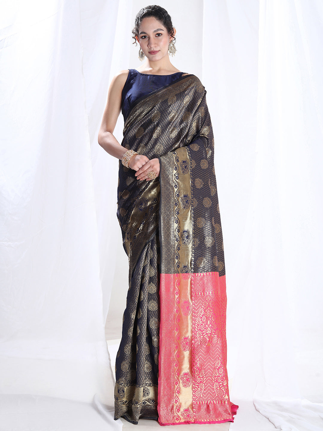 Janasya Navy Blue Silk Blend Ethnic Motifs Jacquard Saree | Grocsy