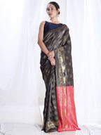 Janasya Navy Blue Silk Blend Ethnic Motifs Jacquard Saree | Grocsy