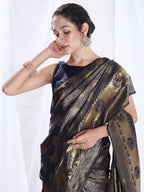 Janasya Navy Blue Silk Blend Ethnic Motifs Jacquard Saree | Grocsy