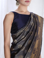 Janasya Navy Blue Silk Blend Ethnic Motifs Jacquard Saree | Grocsy