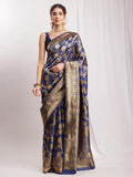 Janasya Navy Blue Silk Blend Floral Jacquard Saree | Grocsy