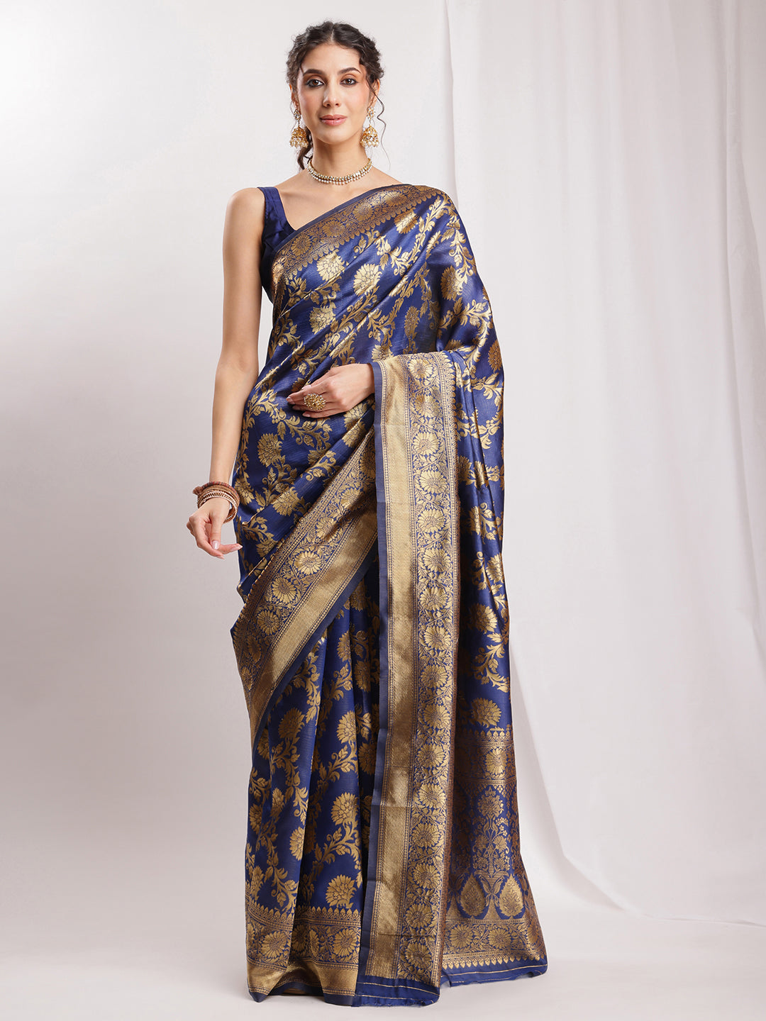 Janasya Navy Blue Silk Blend Floral Jacquard Saree | Grocsy
