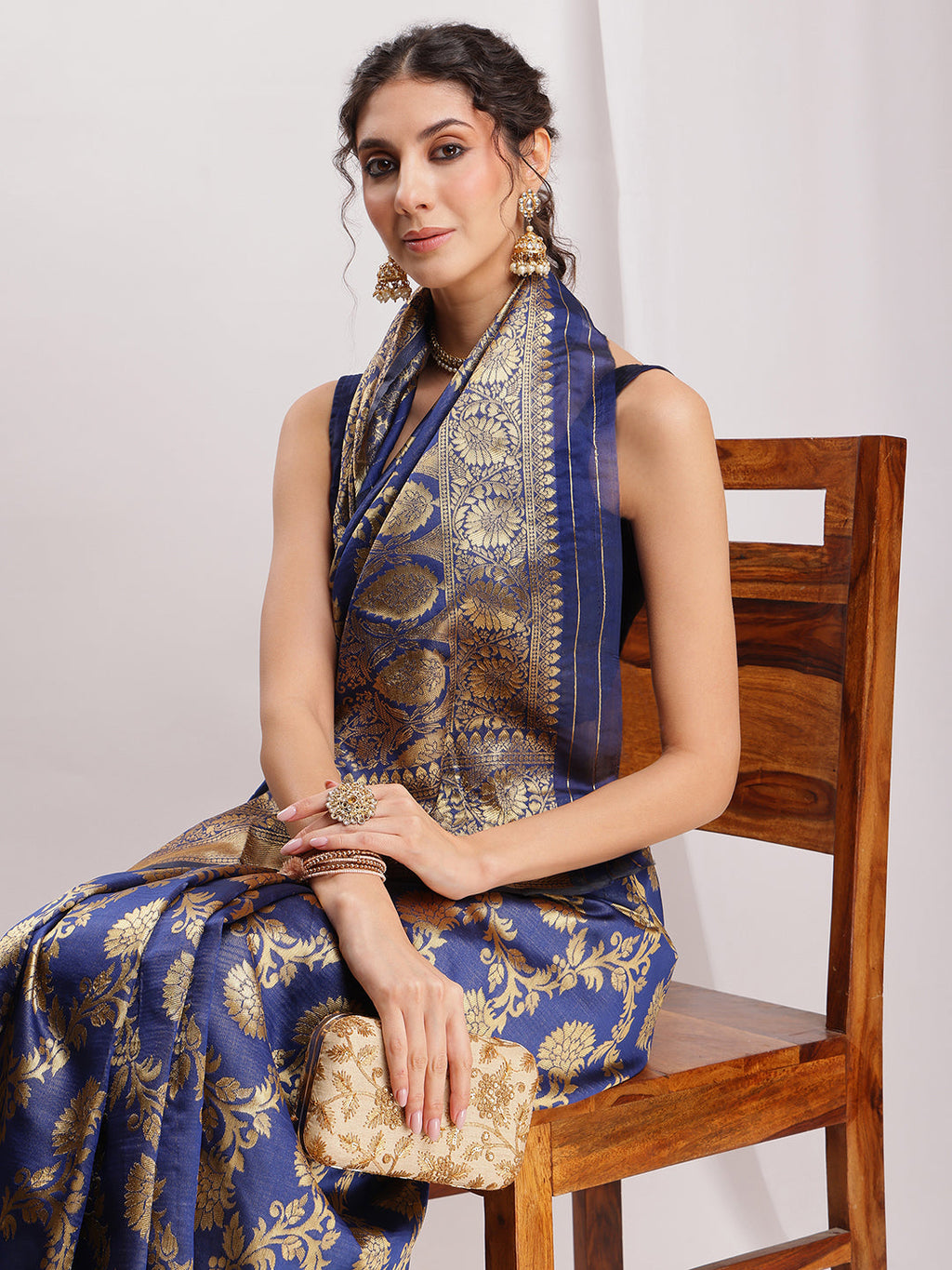Janasya Navy Blue Silk Blend Floral Jacquard Saree | Grocsy