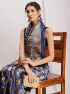 Janasya Navy Blue Silk Blend Floral Jacquard Saree | Grocsy