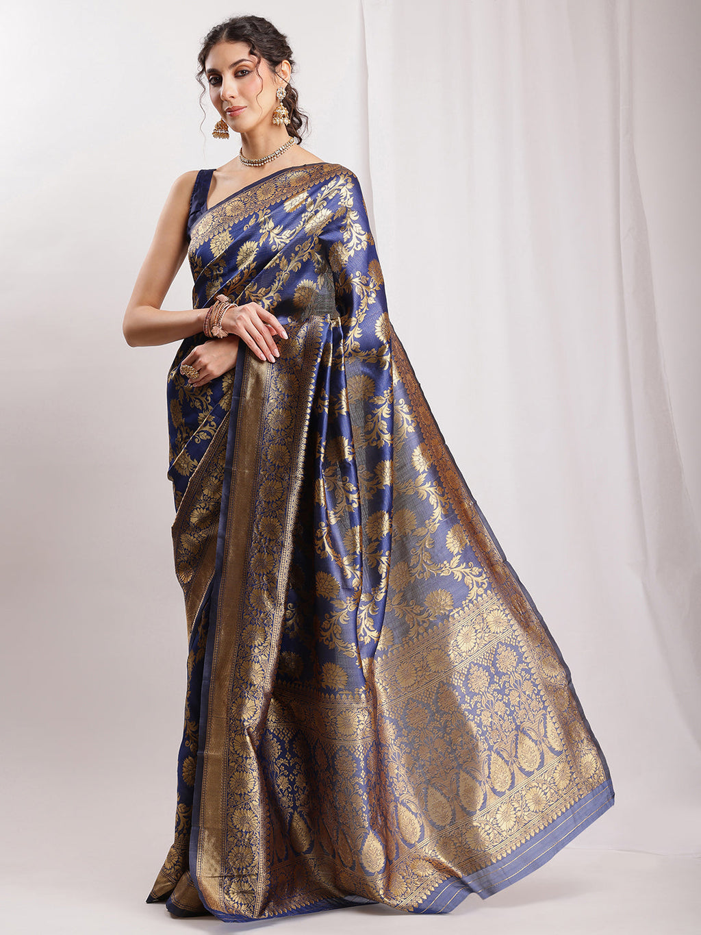 Janasya Navy Blue Silk Blend Floral Jacquard Saree | Grocsy