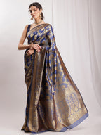 Janasya Navy Blue Silk Blend Floral Jacquard Saree | Grocsy