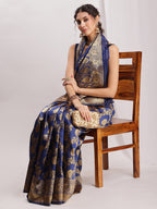 Janasya Navy Blue Silk Blend Floral Jacquard Saree | Grocsy