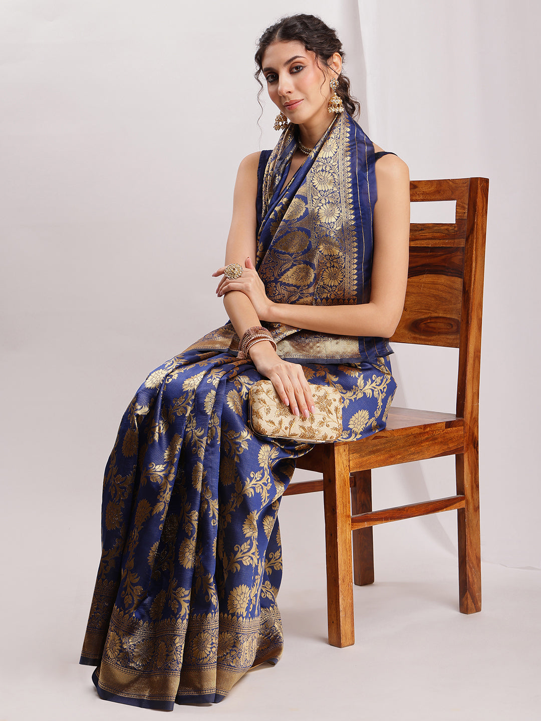 Janasya Navy Blue Silk Blend Floral Jacquard Saree | Grocsy