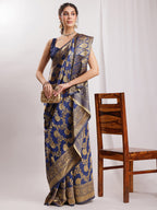 Janasya Navy Blue Silk Blend Floral Jacquard Saree | Grocsy