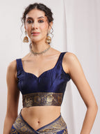 Janasya Navy Blue Silk Blend Floral Jacquard Saree | Grocsy