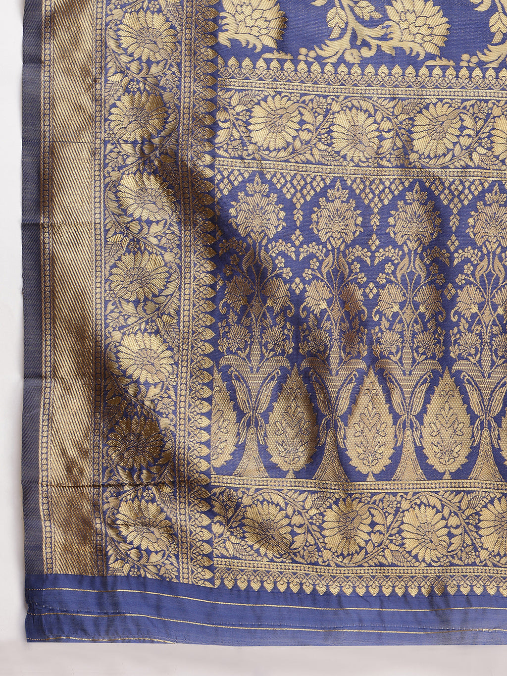 Janasya Navy Blue Silk Blend Floral Jacquard Saree | Grocsy