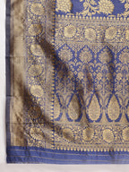 Janasya Navy Blue Silk Blend Floral Jacquard Saree | Grocsy