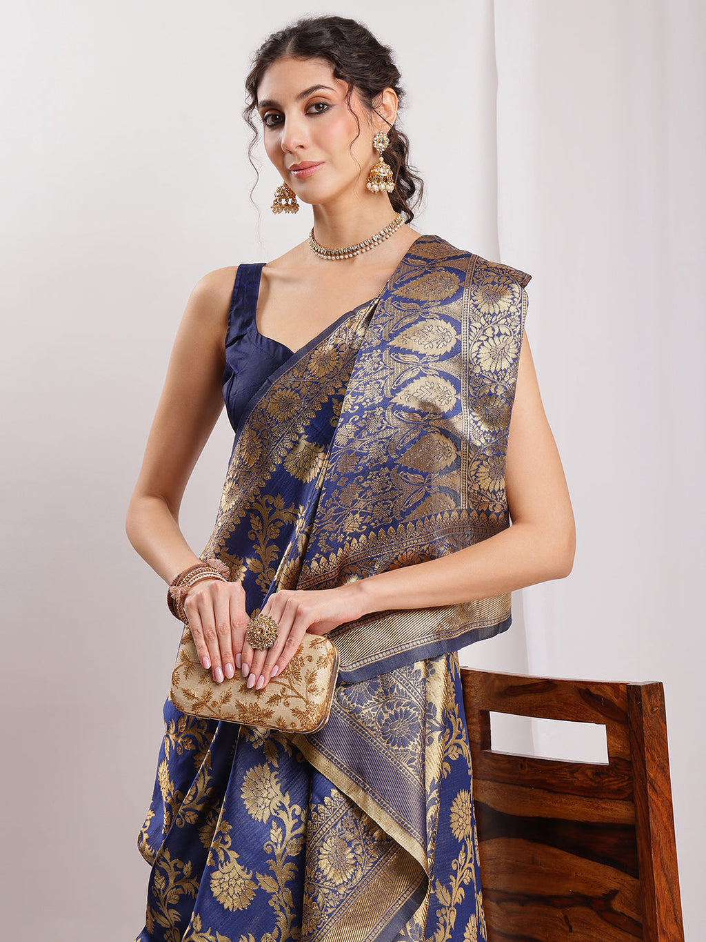Janasya Navy Blue Silk Blend Floral Jacquard Saree | Grocsy