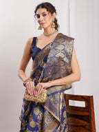Janasya Navy Blue Silk Blend Floral Jacquard Saree | Grocsy