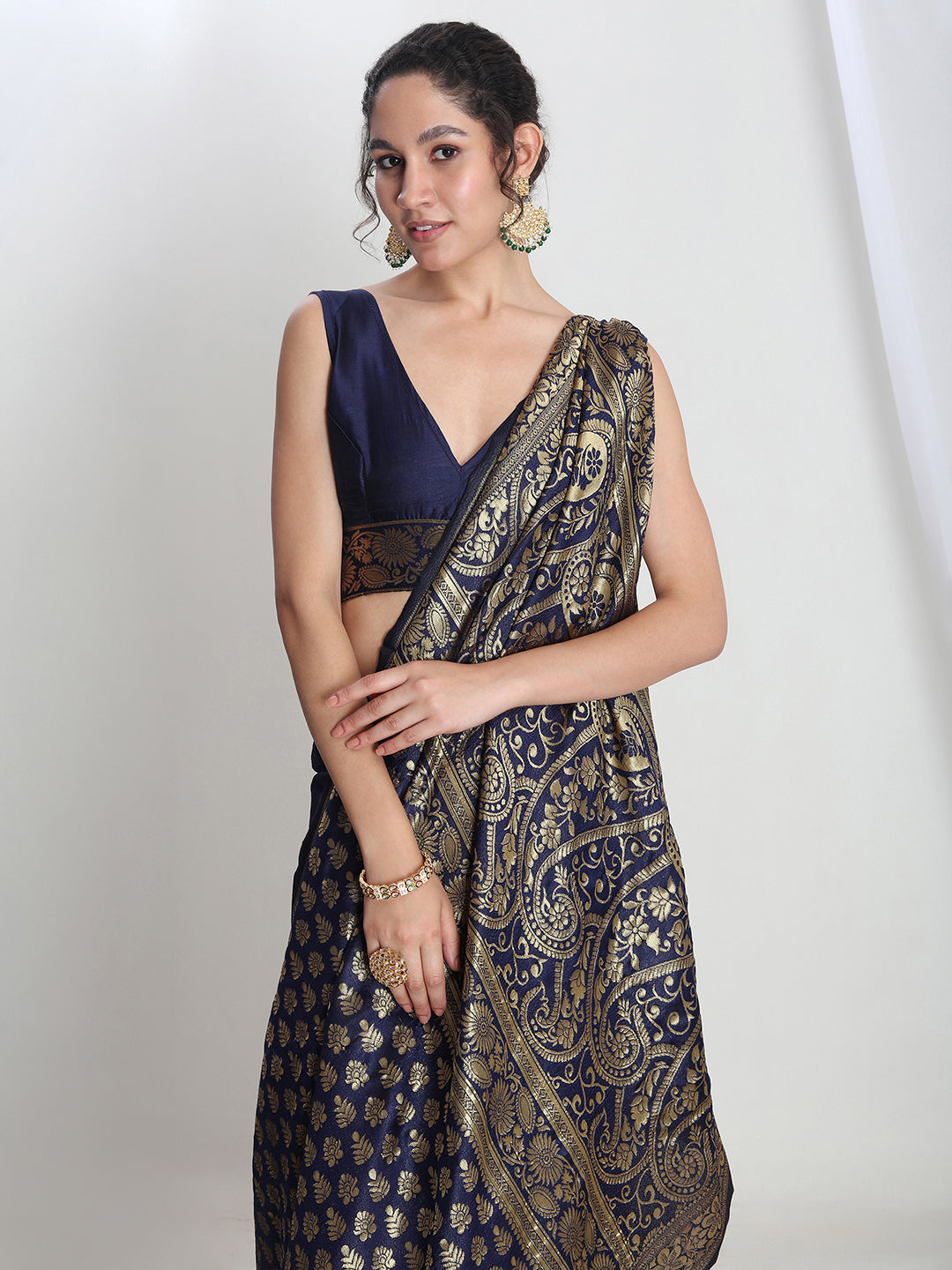 Janasya Navy Blue Silk Blend Geometric Jacquard Saree | Grocsy