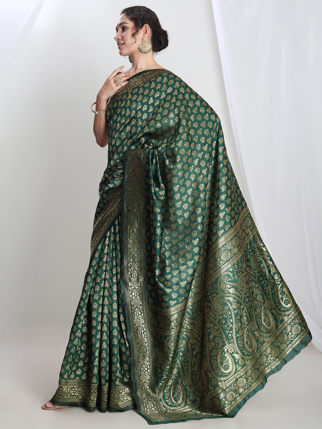 Janasya Dark Green Silk Blend Floral Jacquard Saree | Grocsy