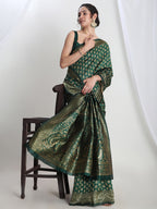 Janasya Dark Green Silk Blend Floral Jacquard Saree | Grocsy