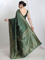 Janasya Dark Green Silk Blend Floral Jacquard Saree | Grocsy