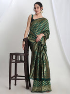 Janasya Dark Green Silk Blend Floral Jacquard Saree | Grocsy