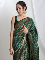 Janasya Dark Green Silk Blend Floral Jacquard Saree | Grocsy