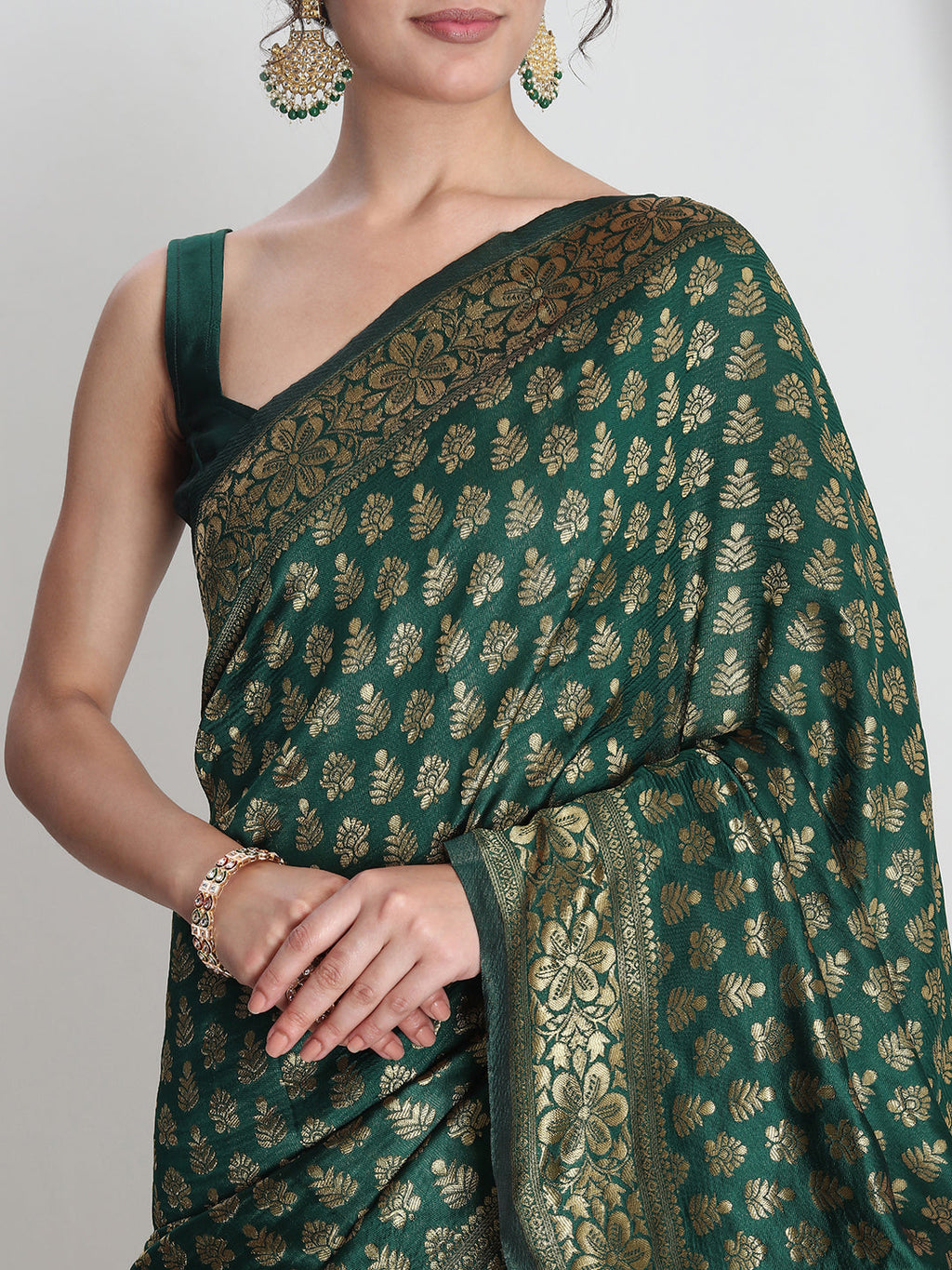 Janasya Dark Green Silk Blend Floral Jacquard Saree | Grocsy
