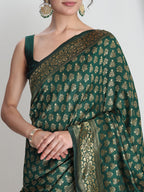 Janasya Dark Green Silk Blend Floral Jacquard Saree | Grocsy