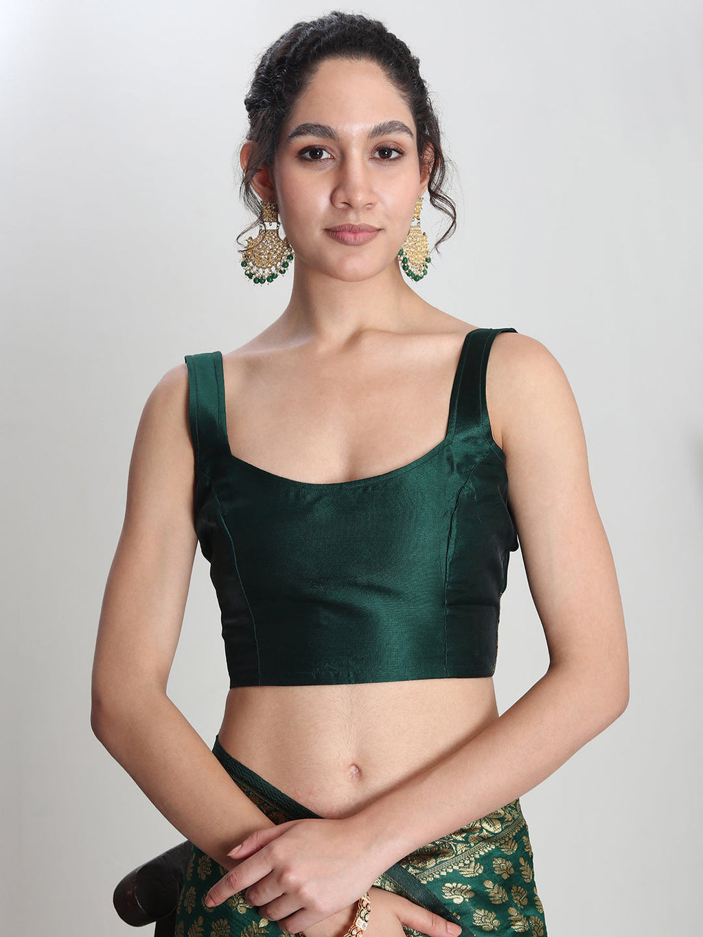 Janasya Dark Green Silk Blend Floral Jacquard Saree | Grocsy