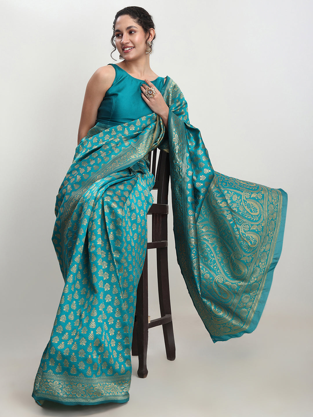 Janasya Turquoise Silk Blend Ethnic Motifs Jacquard Saree | Grocsy