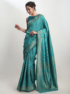 Janasya Turquoise Silk Blend Ethnic Motifs Jacquard Saree | Grocsy