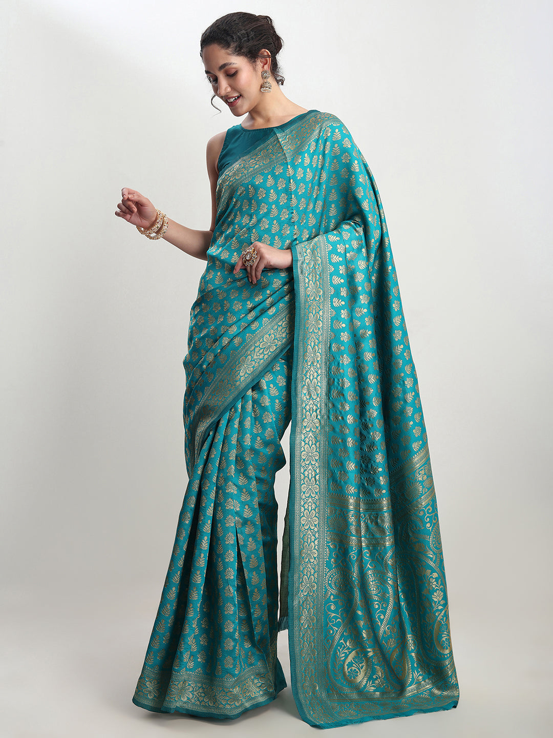 Janasya Turquoise Silk Blend Ethnic Motifs Jacquard Saree | Grocsy