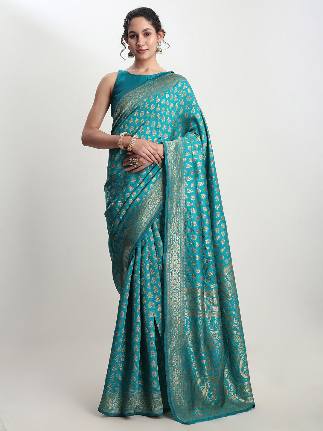 Janasya Turquoise Silk Blend Ethnic Motifs Jacquard Saree | Grocsy