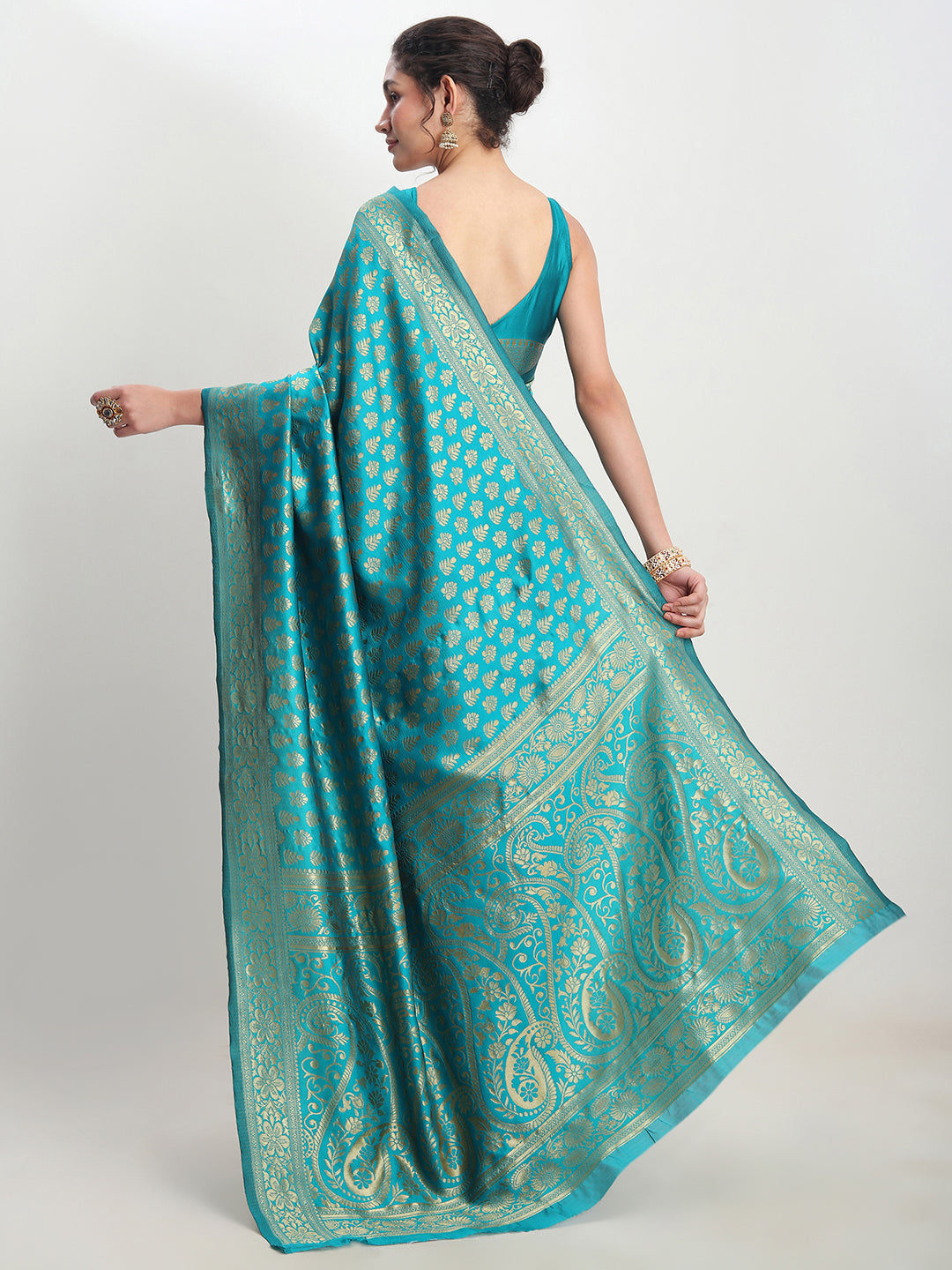 Janasya Turquoise Silk Blend Ethnic Motifs Jacquard Saree | Grocsy