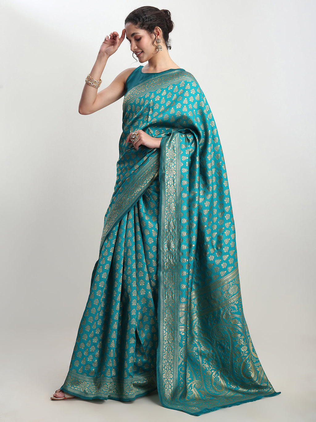 Janasya Turquoise Silk Blend Ethnic Motifs Jacquard Saree | Grocsy