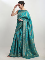 Janasya Turquoise Silk Blend Ethnic Motifs Jacquard Saree | Grocsy