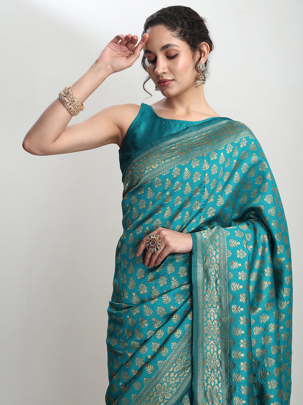 Janasya Turquoise Silk Blend Ethnic Motifs Jacquard Saree | Grocsy