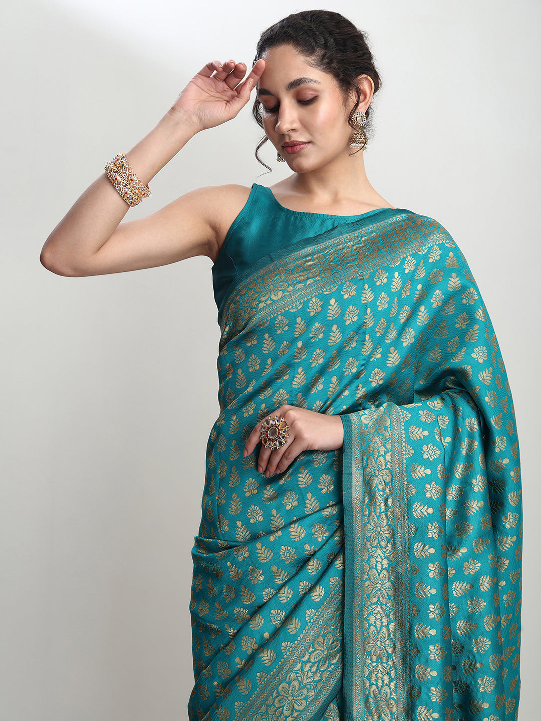 Janasya Turquoise Silk Blend Ethnic Motifs Jacquard Saree | Grocsy