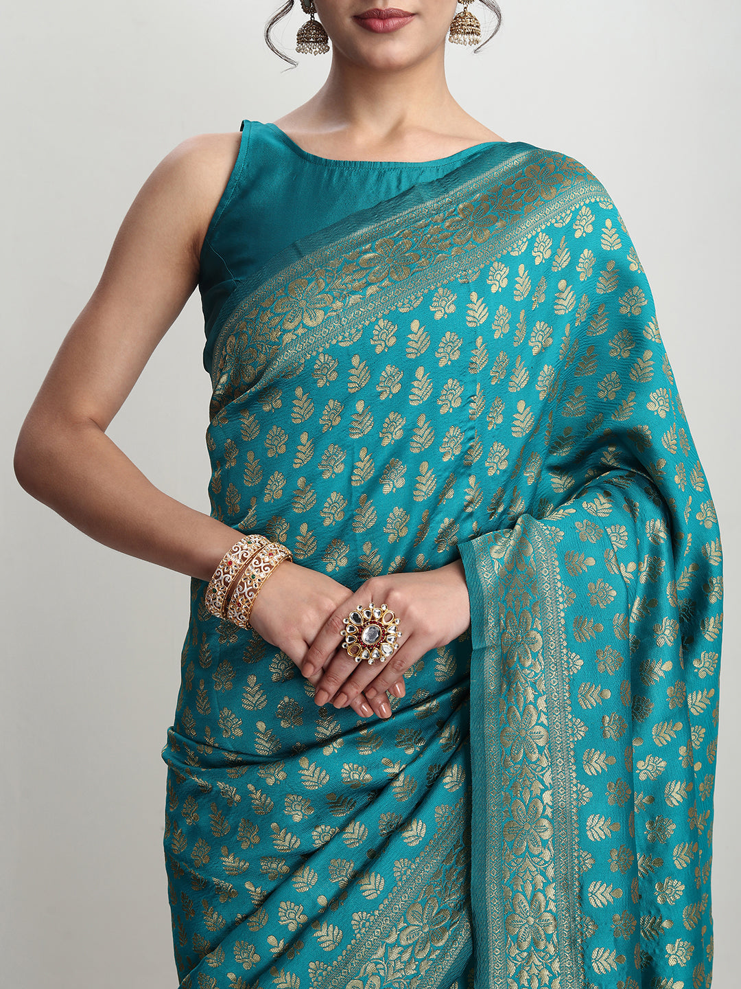Janasya Turquoise Silk Blend Ethnic Motifs Jacquard Saree | Grocsy