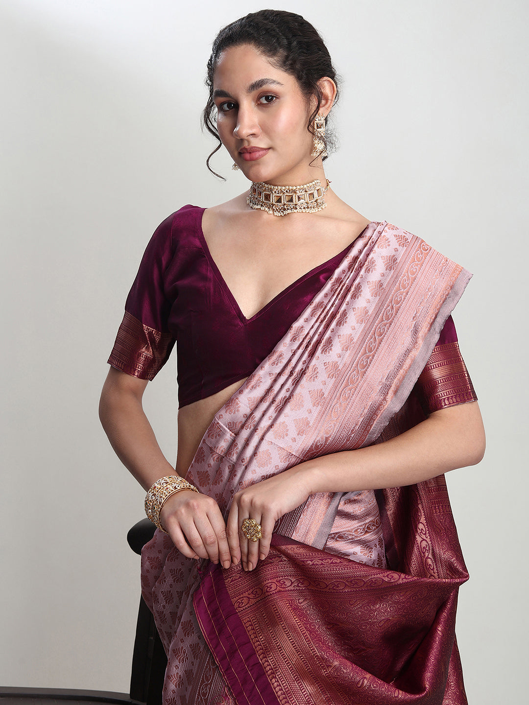 Janasya Dusty Pink Silk Blend Ethnic Motifs Jacquard Saree | Grocsy