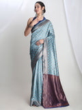 Janasya Light Blue Silk Blend Ethnic Motifs Jacquard Saree | Grocsy