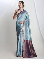 Janasya Light Blue Silk Blend Ethnic Motifs Jacquard Saree | Grocsy
