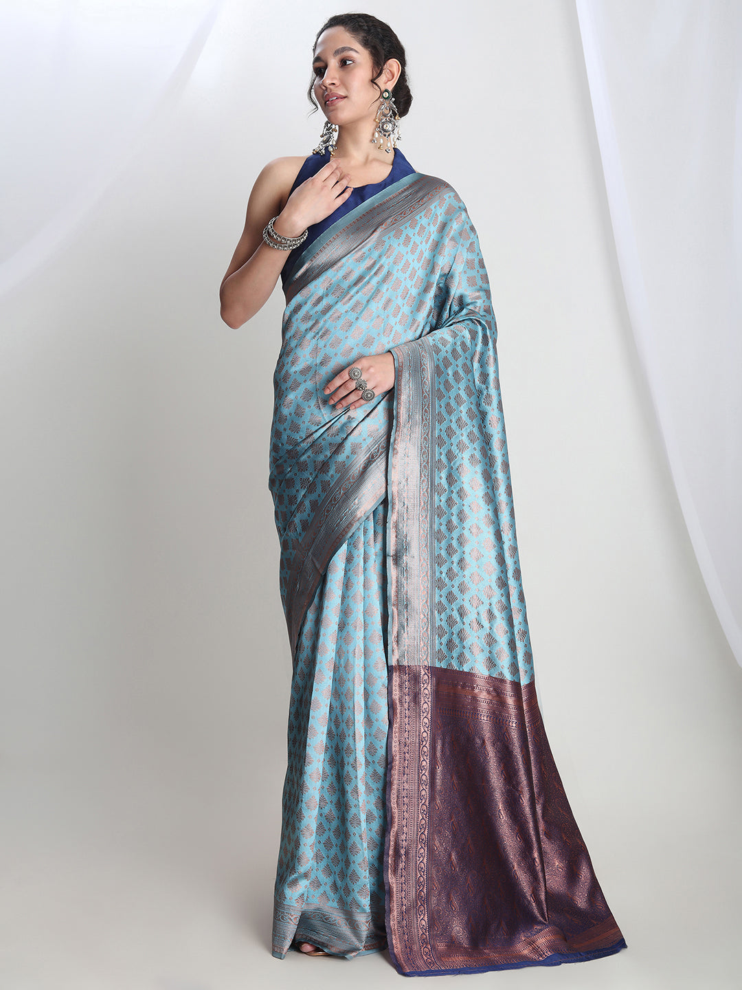 Janasya Light Blue Silk Blend Ethnic Motifs Jacquard Saree | Grocsy