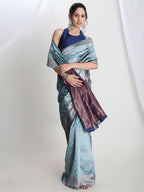 Janasya Light Blue Silk Blend Ethnic Motifs Jacquard Saree | Grocsy